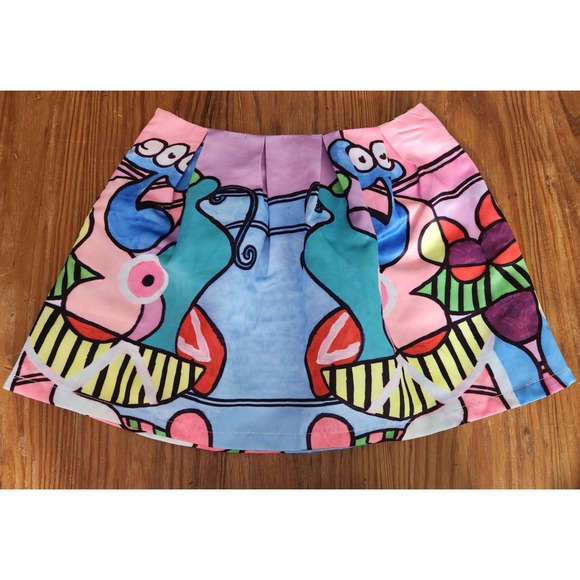 Chun mei na Graphic Design Pleated Mini Skirt Lined Lrg Side Zip Pleated Artsy - Picture 1 of 13